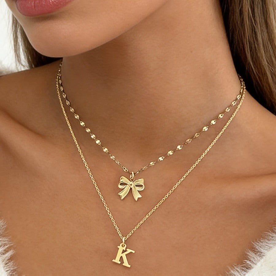 18k Dainty Bow & Initial Layered Necklace