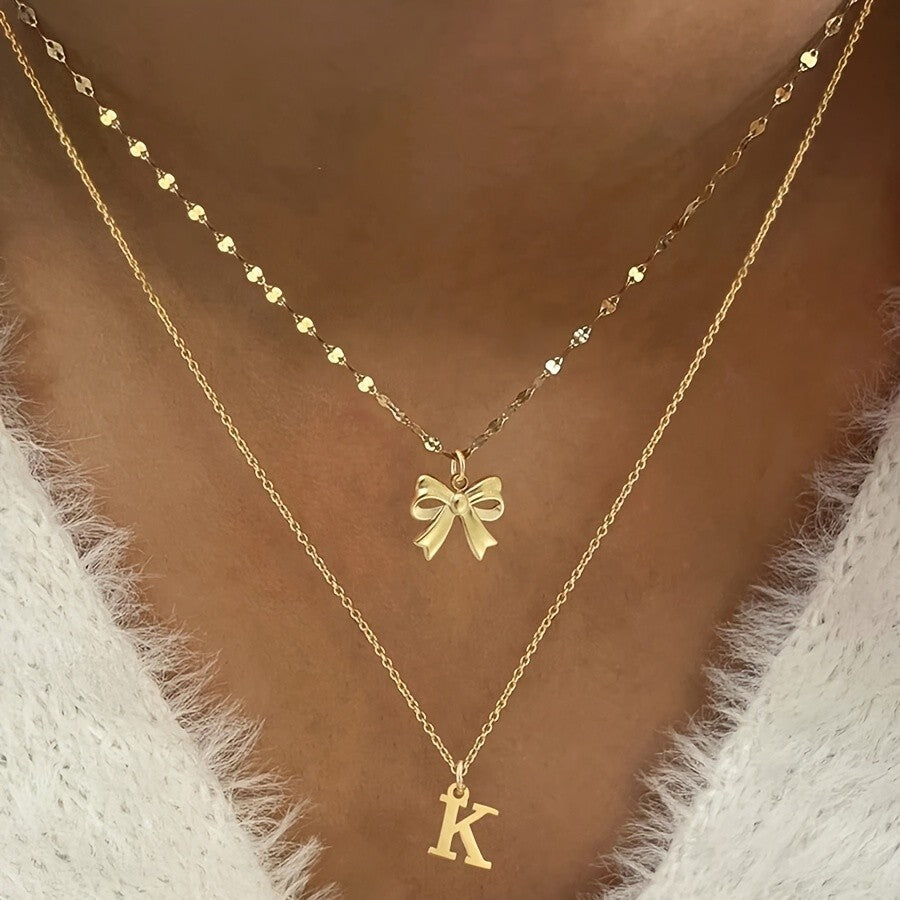 18k Dainty Bow & Initial Layered Necklace