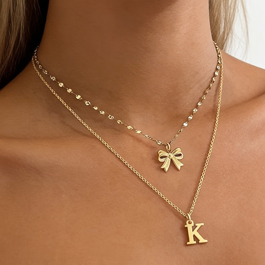 18k Dainty Bow & Initial Layered Necklace