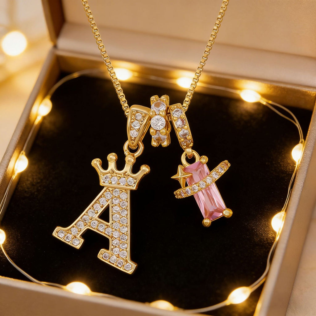 18k Elegant Crown Initial Necklace