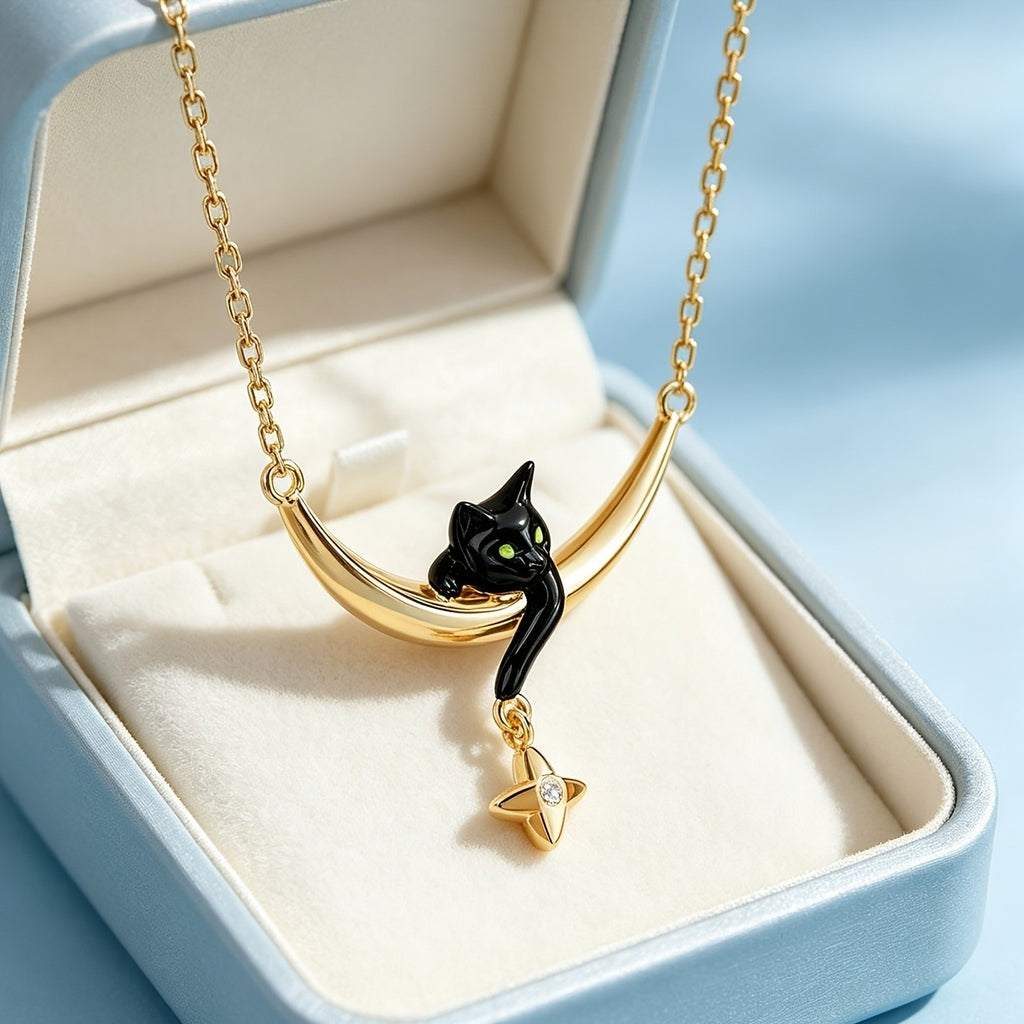 18k Cute Black Cat Necklace