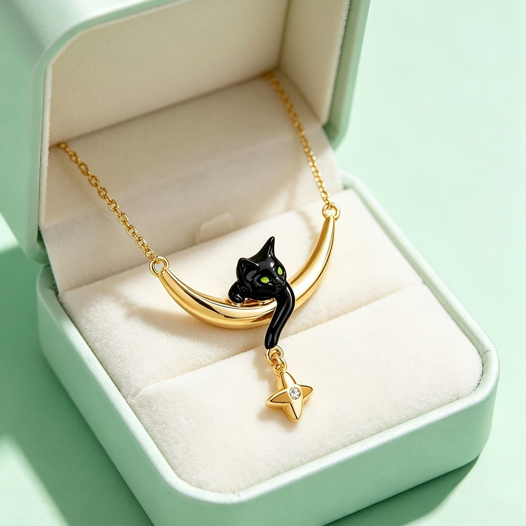 18k Cute Black Cat Necklace