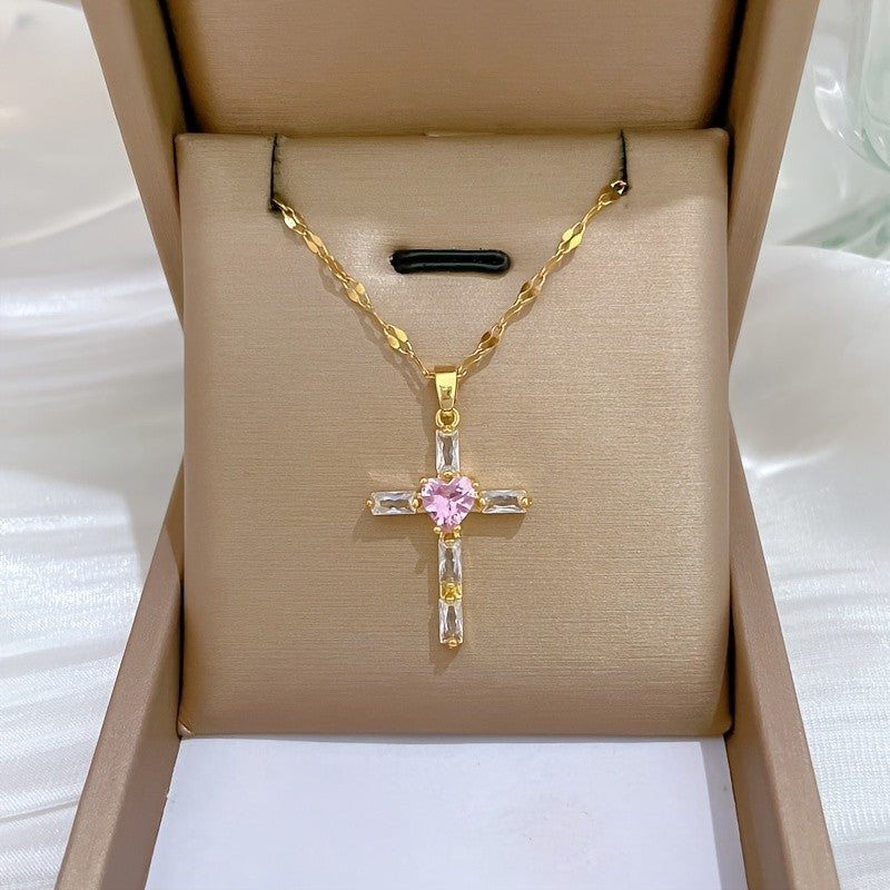 18k Vintage Pink Cross Necklace