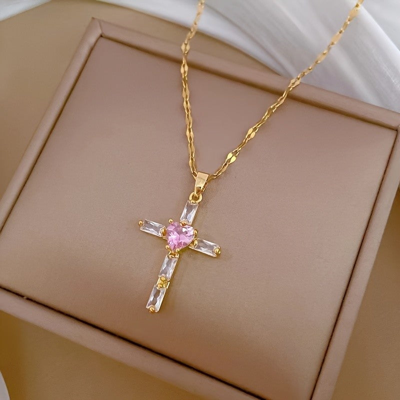 18k Vintage Pink Cross Necklace