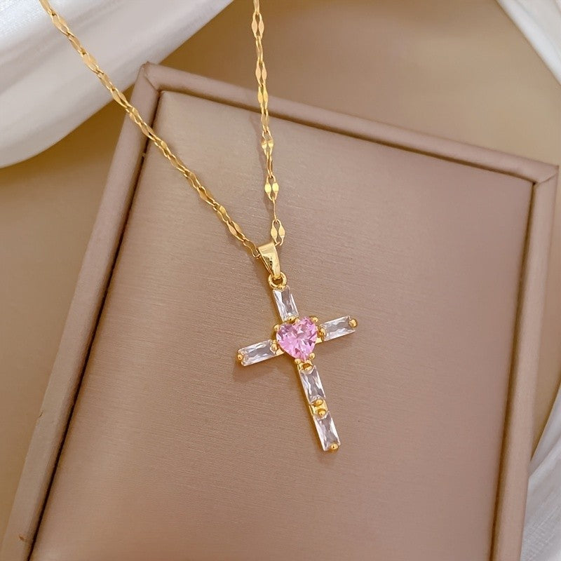 18k Vintage Pink Cross Necklace