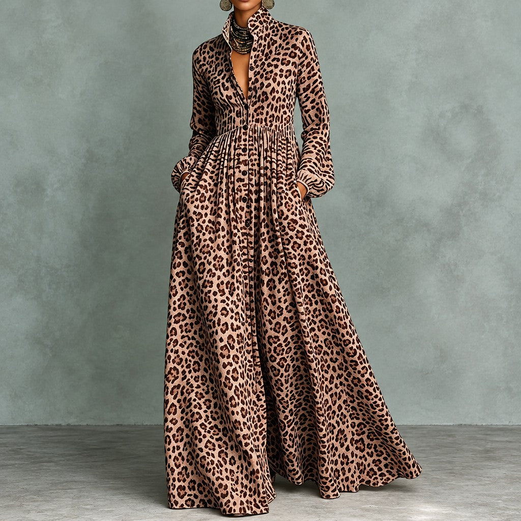 Elegant Leopard Lapel Dress