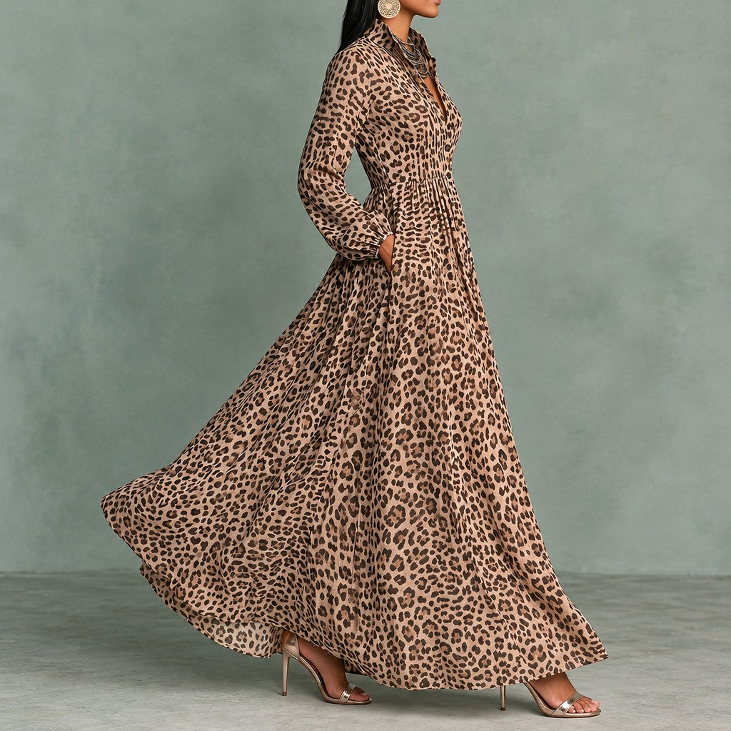 Elegant Leopard Lapel Dress