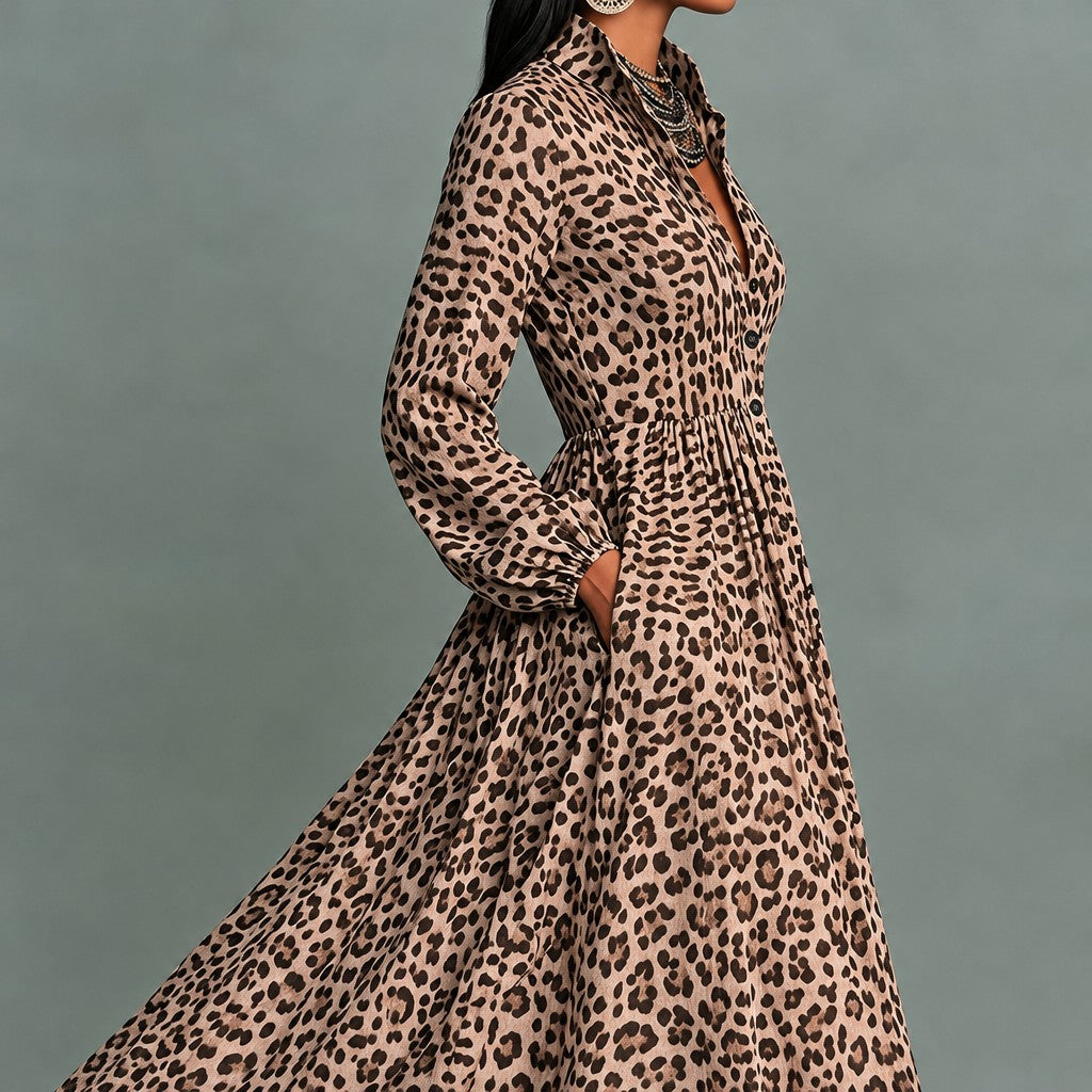 Elegant Leopard Lapel Dress