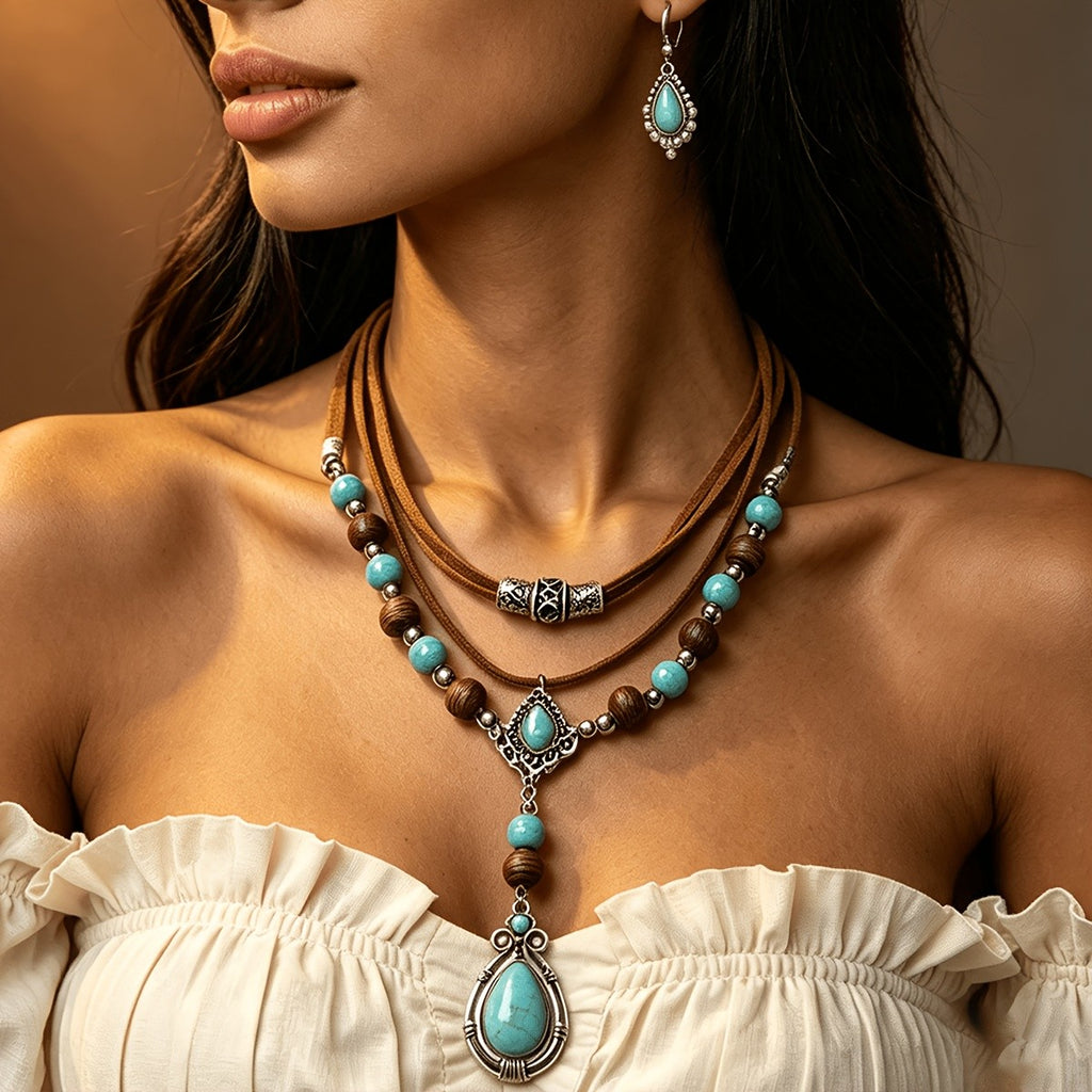 2PC Vintage Boho Turquoise Jewelry Set