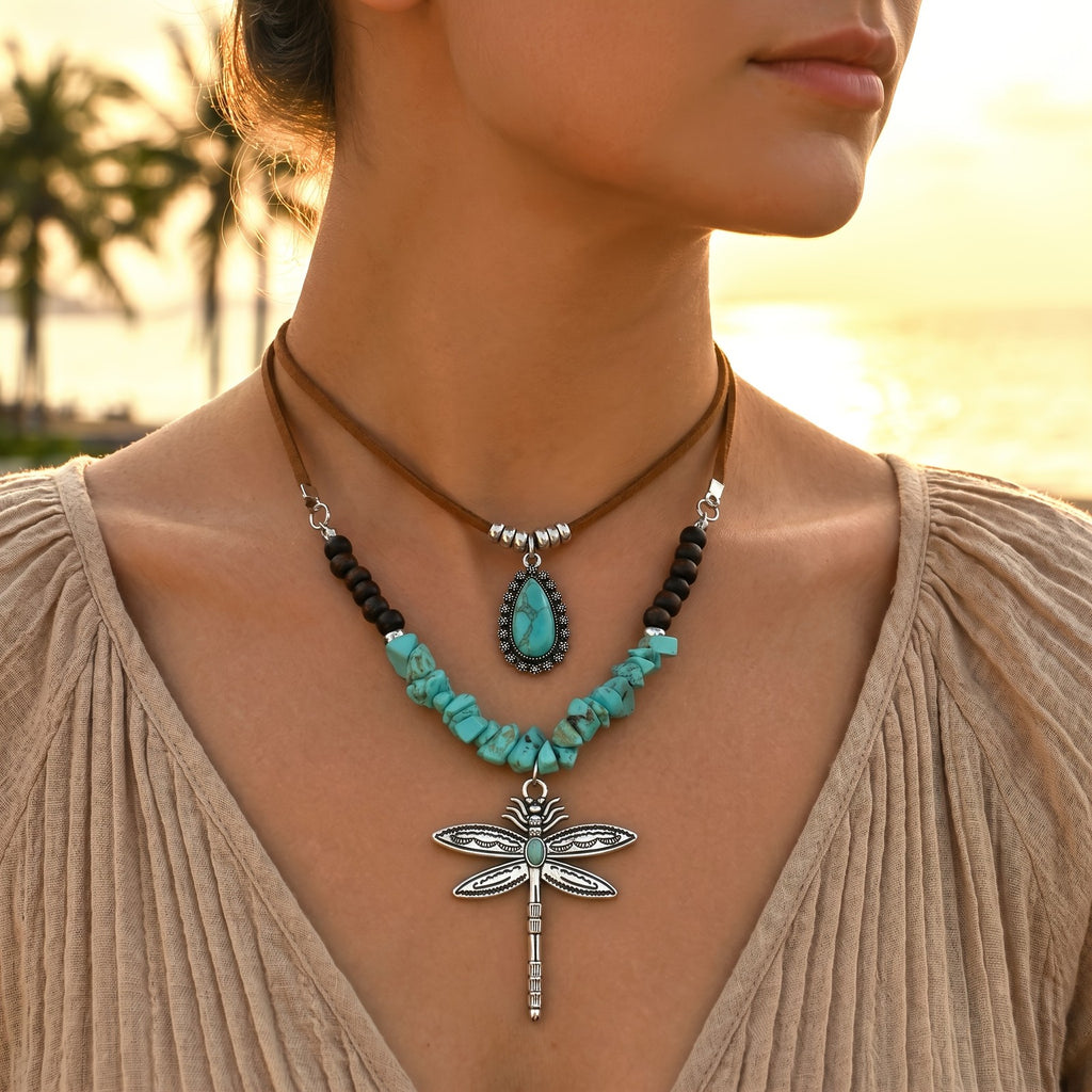 Vintage Boho Dragonfly Turquoise Necklace Set