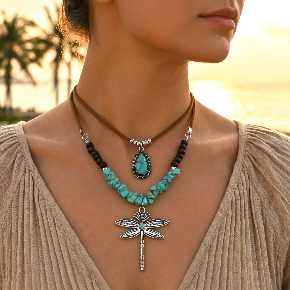 Vintage Boho Dragonfly Turquoise Necklace Set