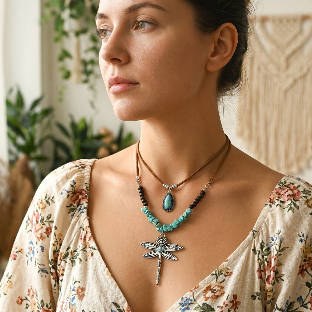 Vintage Boho Dragonfly Turquoise Necklace Set