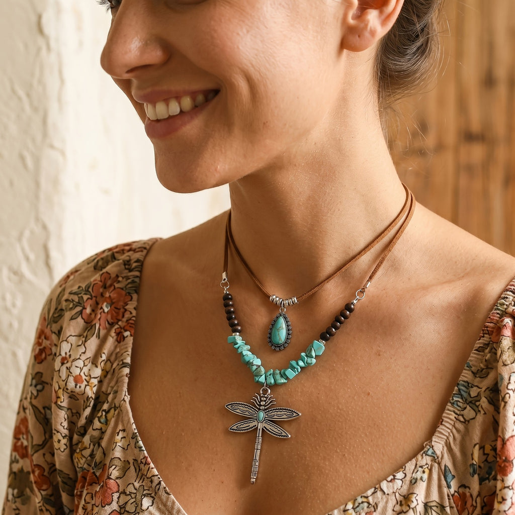 Vintage Boho Dragonfly Turquoise Necklace Set