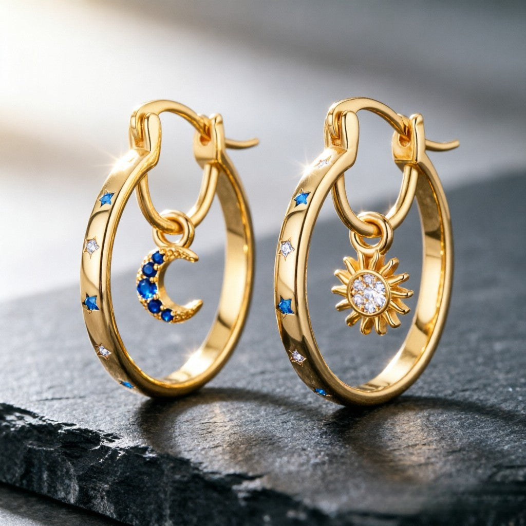 18k Vintage Sun Moon Hoop Earrings