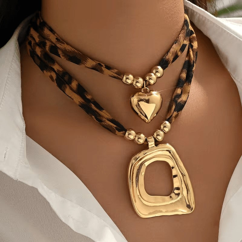 Leopard Heart Geometric Necklace Set