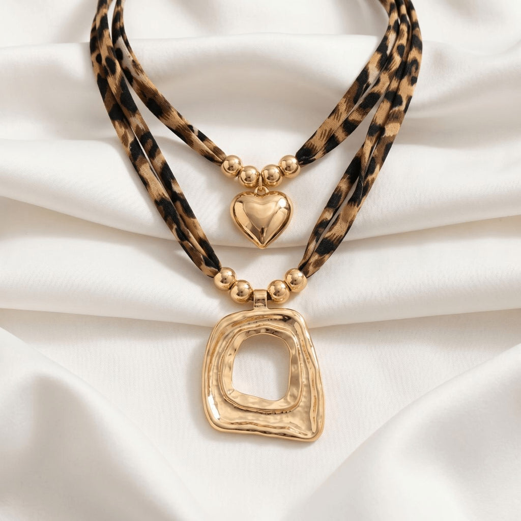 Leopard Heart Geometric Necklace Set