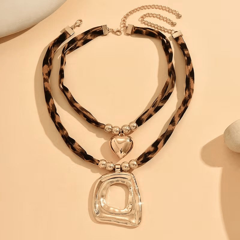 Leopard Heart Geometric Necklace Set
