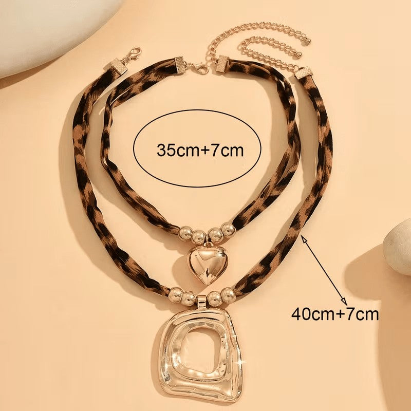 Leopard Heart Geometric Necklace Set