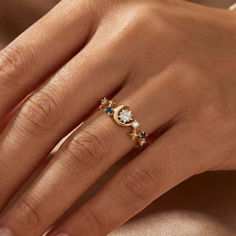18k Dainty Star Moon Ring