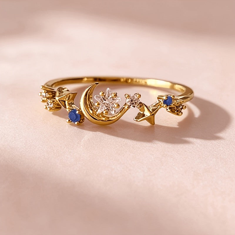 18k Dainty Star Moon Ring