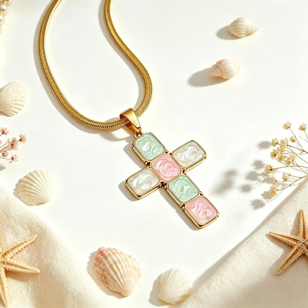 18k Vintage Pastel Cross Necklace
