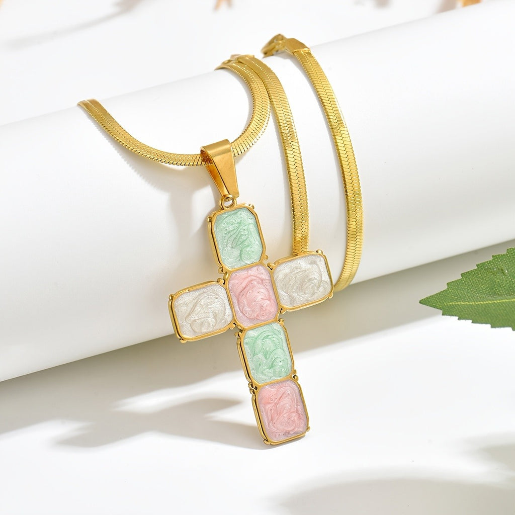 18k Vintage Pastel Cross Necklace