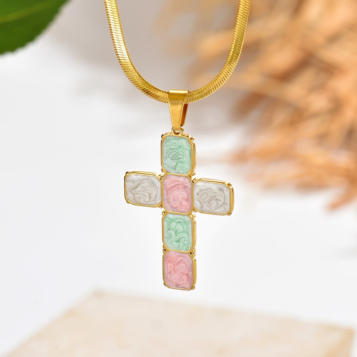 18k Vintage Pastel Cross Necklace