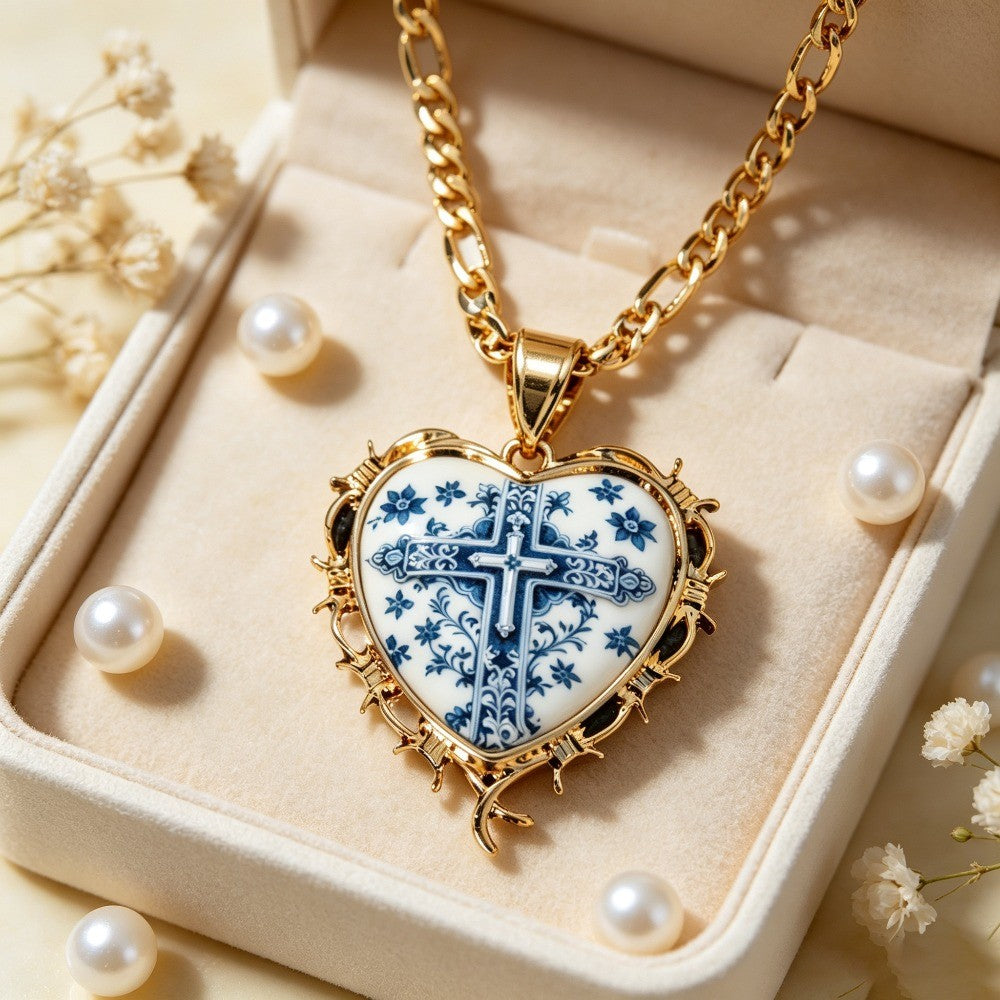 18k Vintage Porcelain Cross Heart Necklace