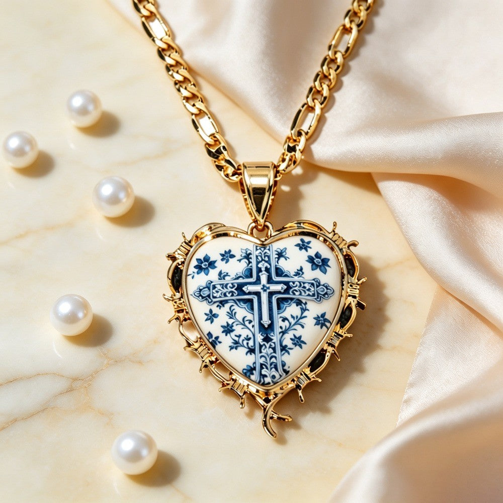 18k Vintage Porcelain Cross Heart Necklace