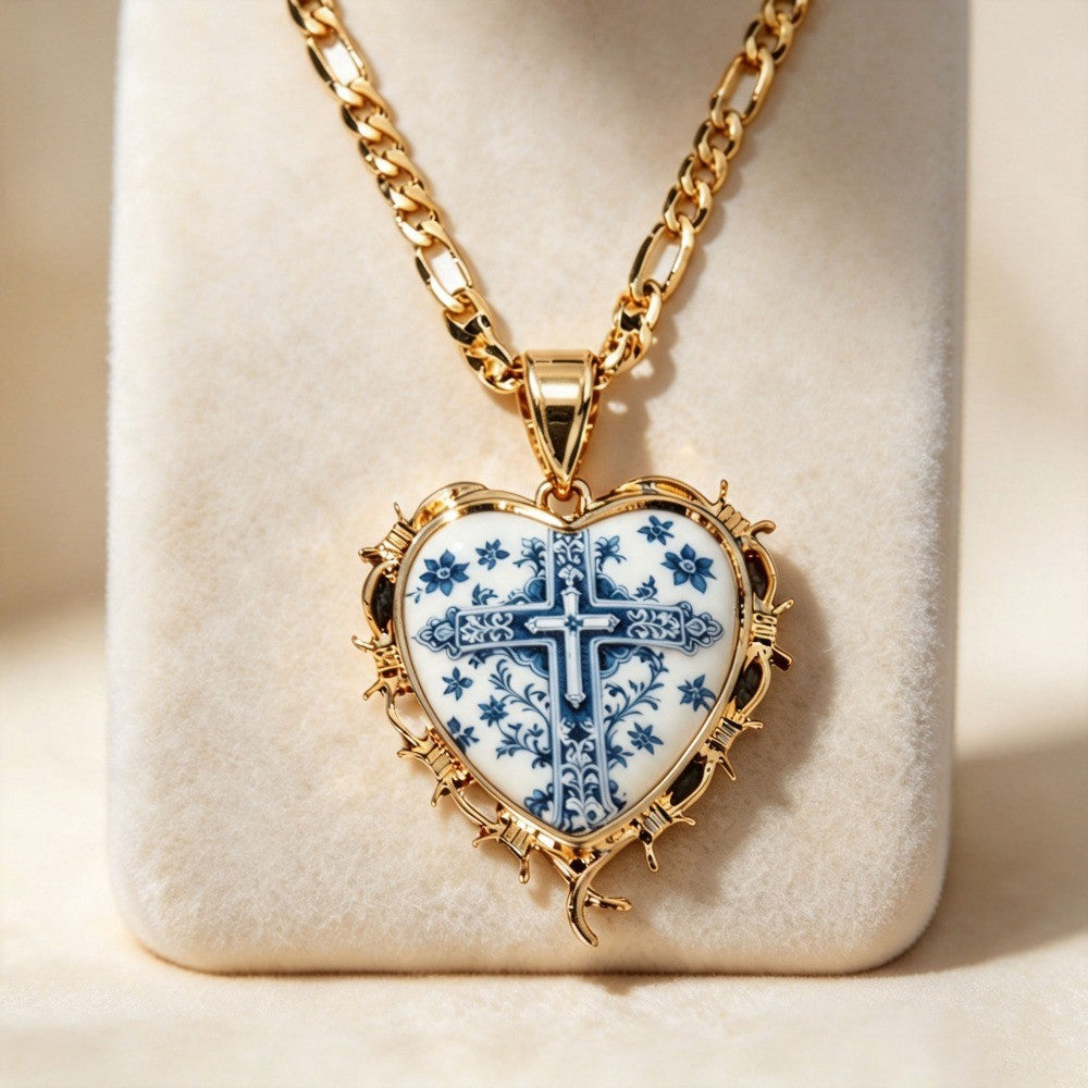 18k Vintage Porcelain Cross Heart Necklace