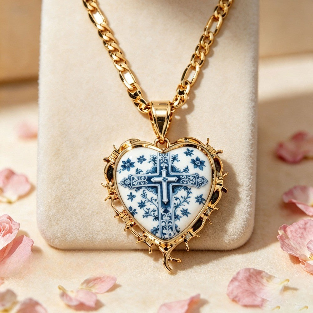 18k Vintage Porcelain Cross Heart Necklace