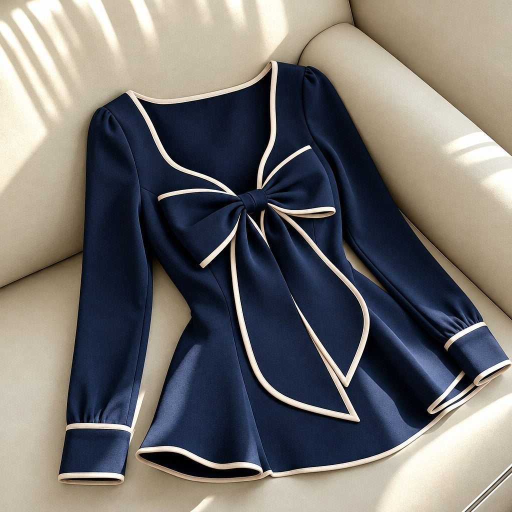 Elegant Bow Contrast Trim Blouse