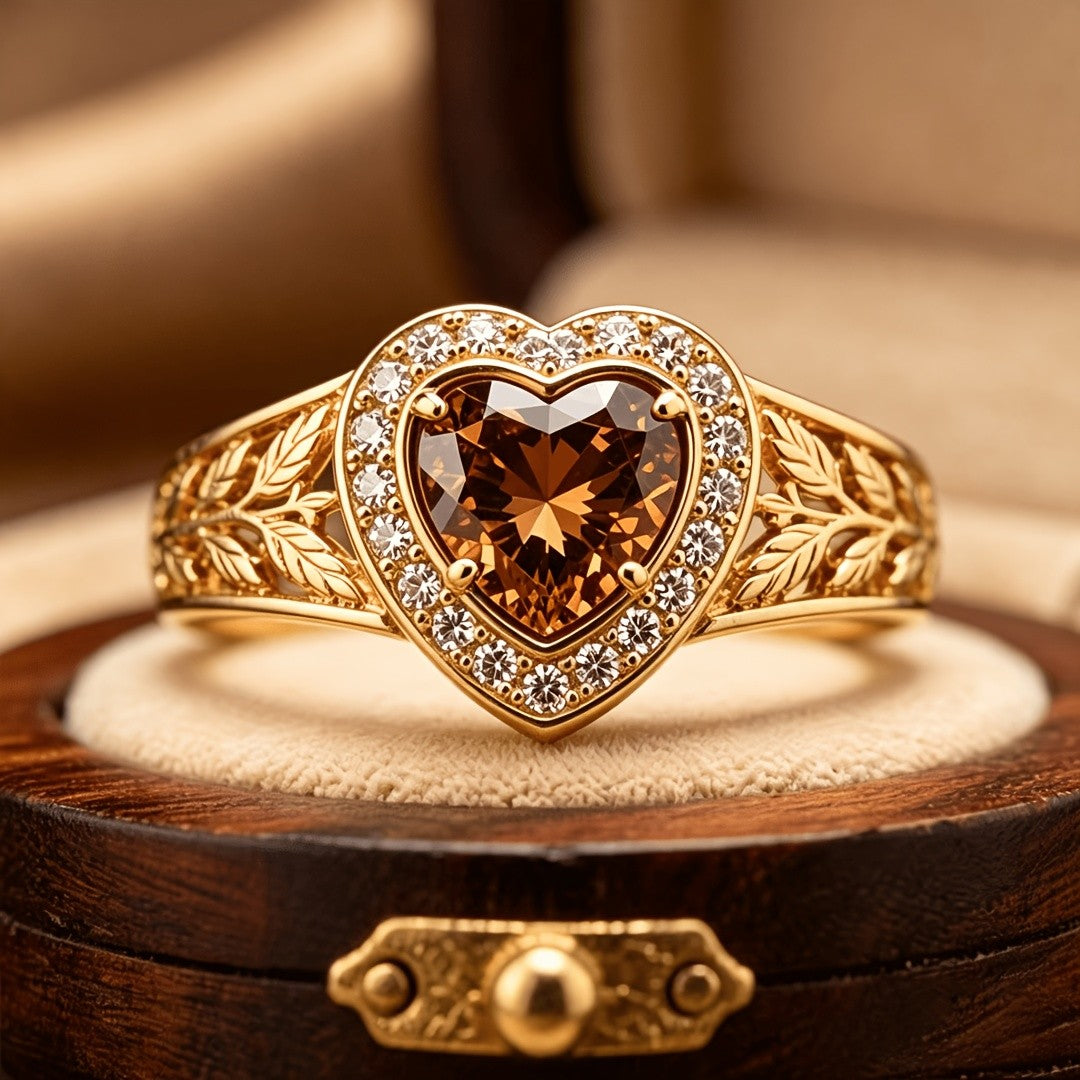 18k Boho Heart Leaf Ring