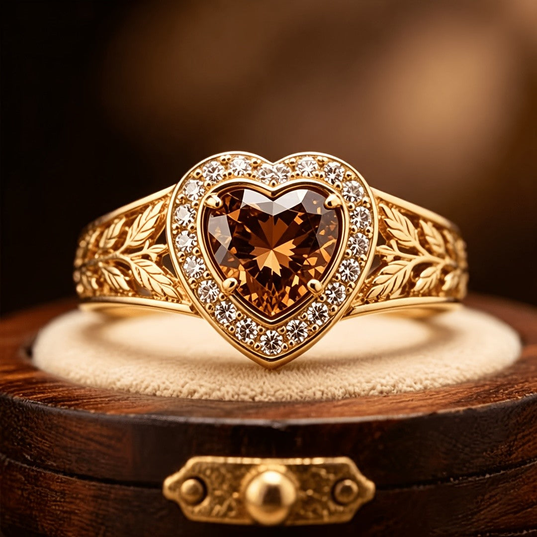 18k Boho Heart Leaf Ring