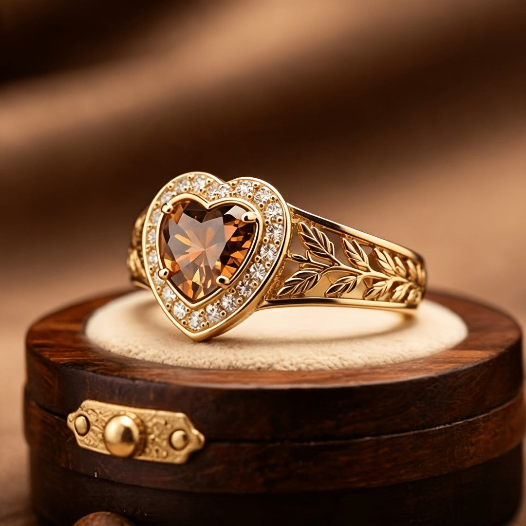 18k Boho Heart Leaf Ring