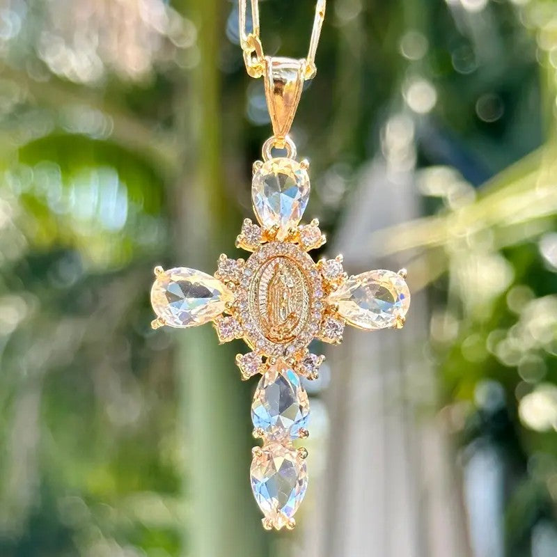 18k Elegant Virgin Mary Cross Necklace