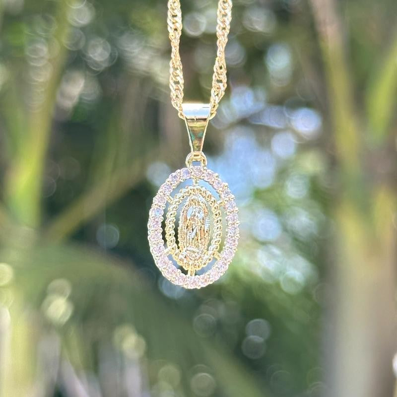 14k Multicolor Virgin Mary Oval Necklace