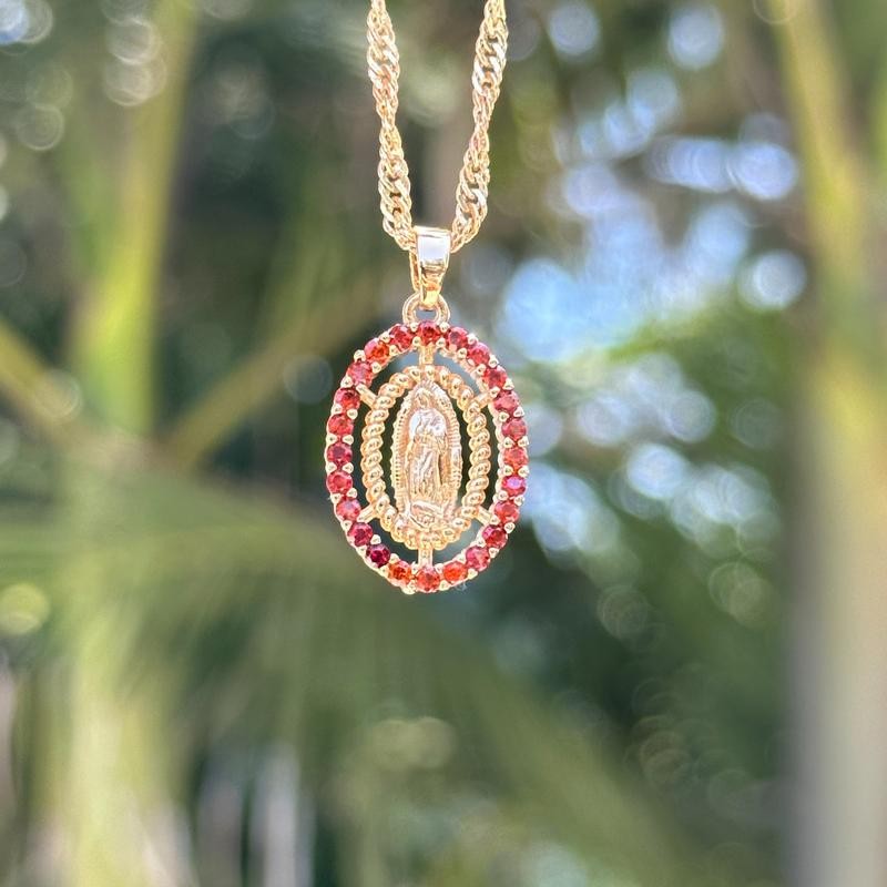14k Multicolor Virgin Mary Oval Necklace