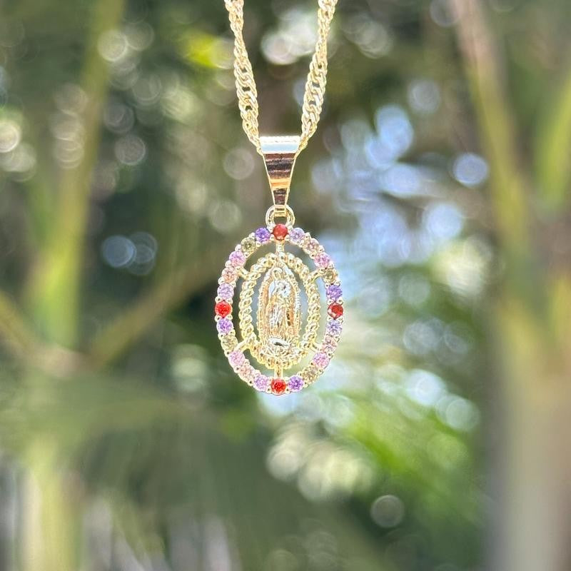 14k Multicolor Virgin Mary Oval Necklace
