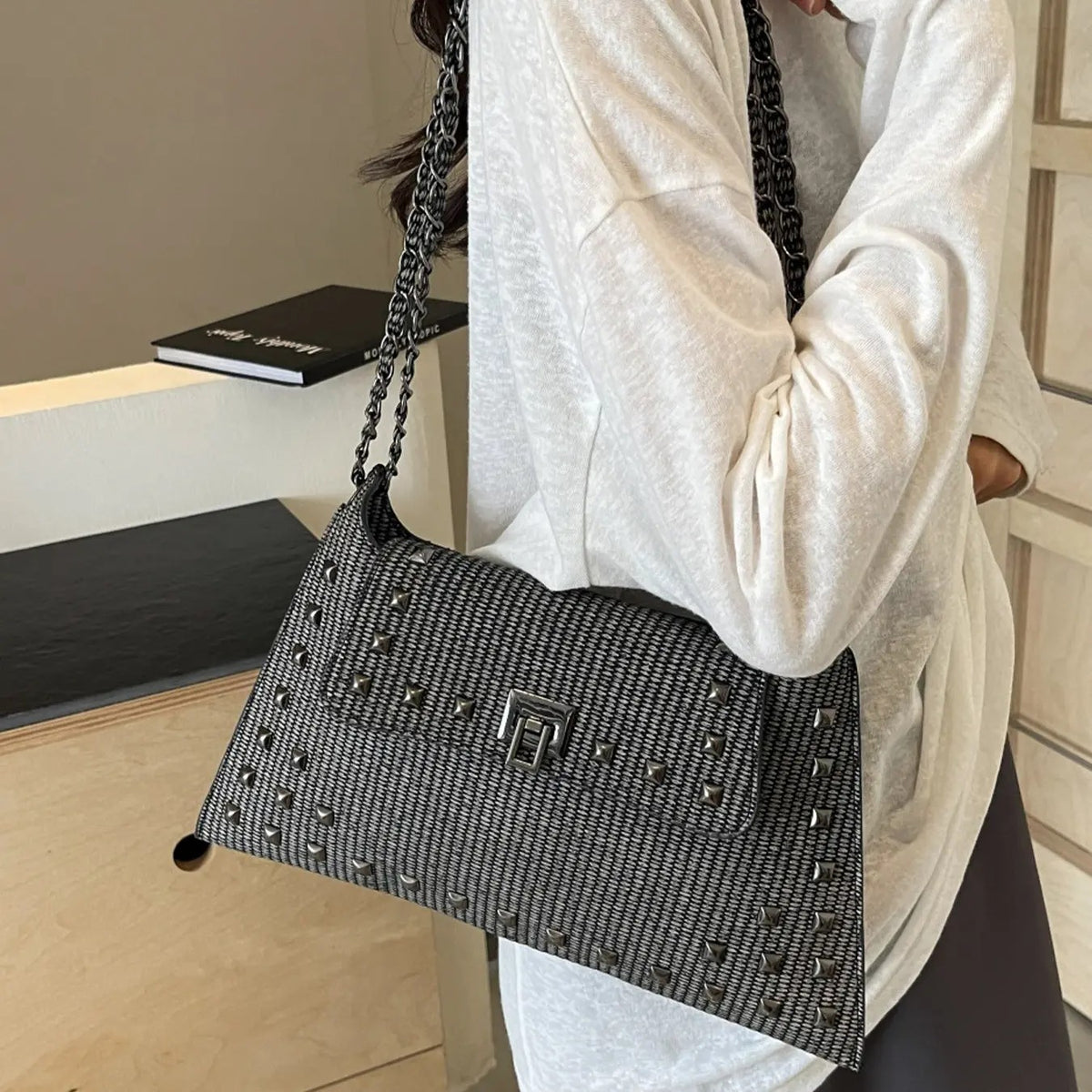 Studded Woven Chain Bag