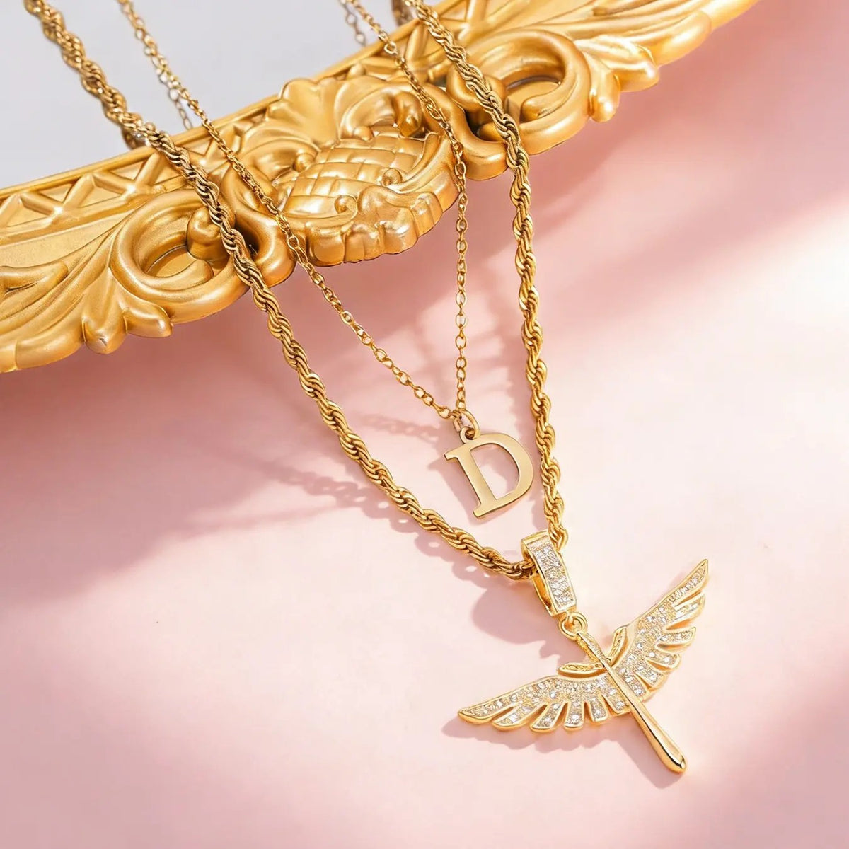 18k Angel Wing Initial Necklace Set