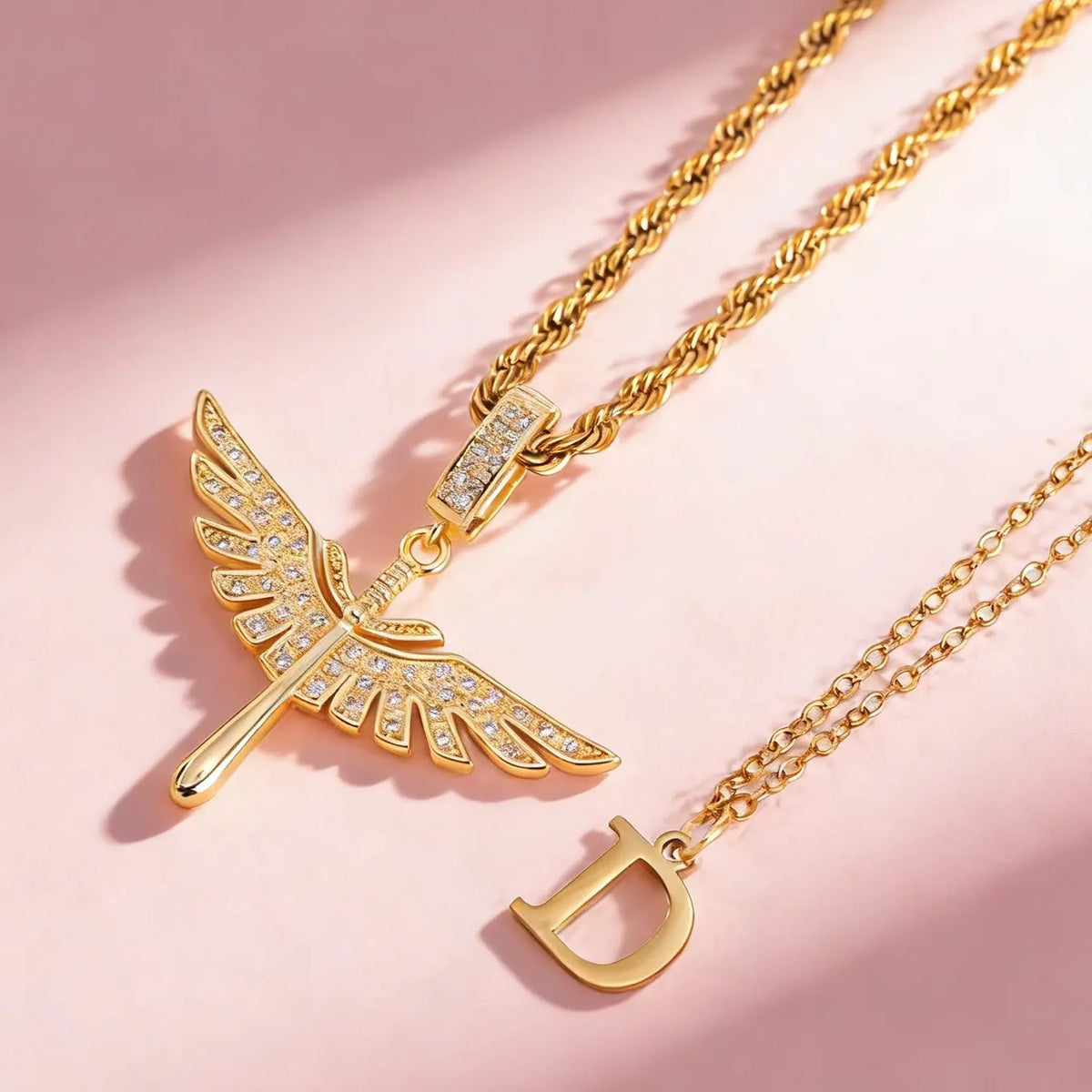 18k Angel Wing Initial Necklace Set