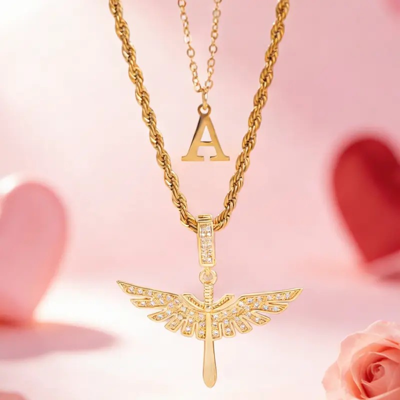 18k Angel Wing Initial Necklace Set