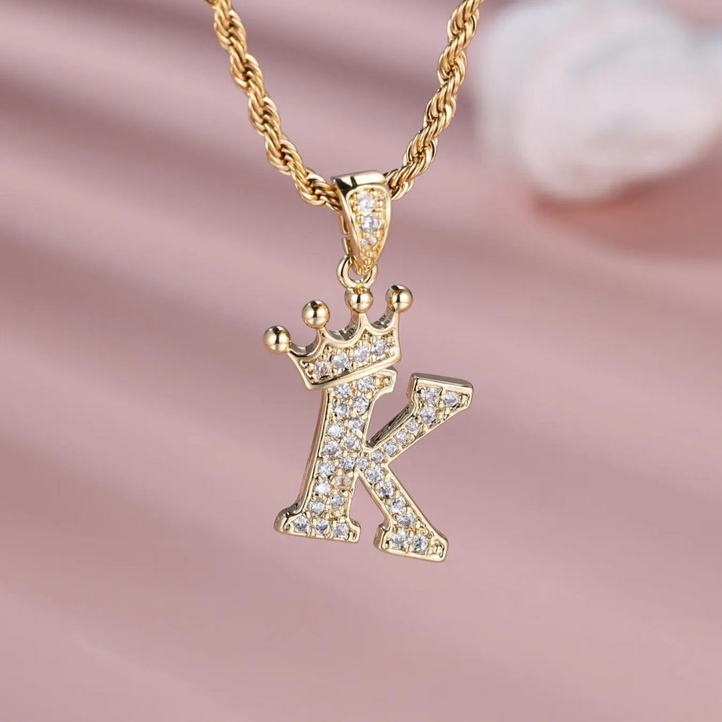 18k Dainty Elegant Crown Initial Necklace