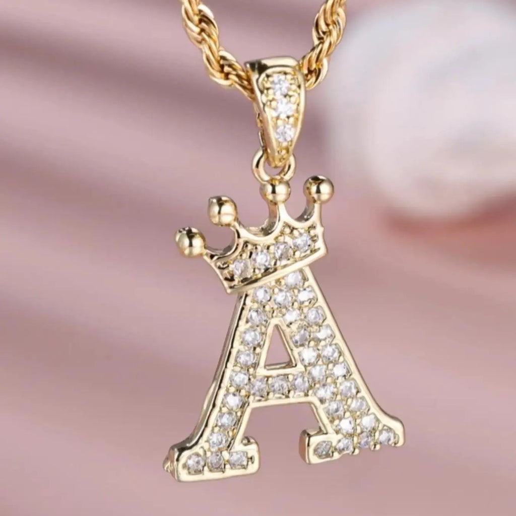 18k Dainty Elegant Crown Initial Necklace