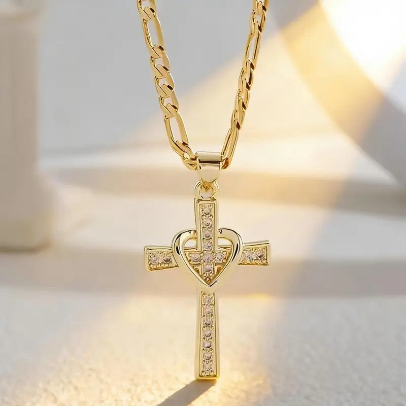 18k Dainty Elegant Heart Cross Necklace