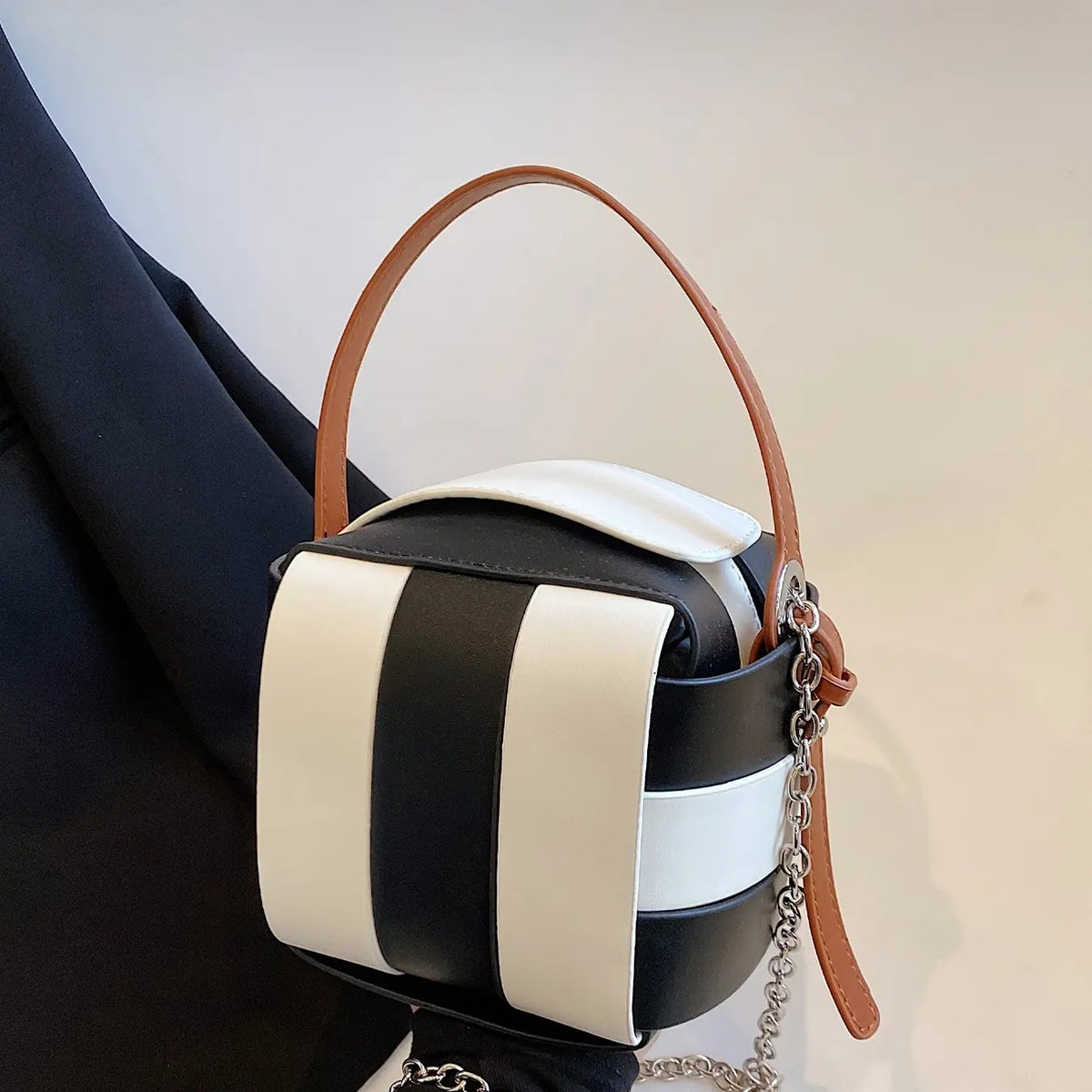 Geometric Contrast Bucket Bag