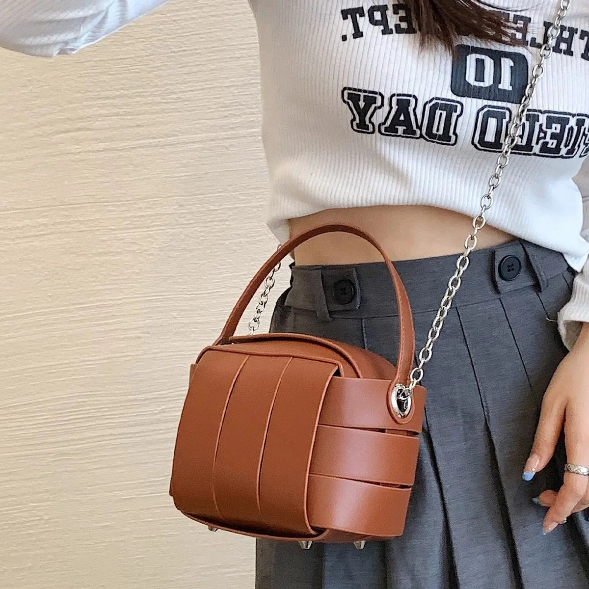 Geometric Contrast Bucket Bag
