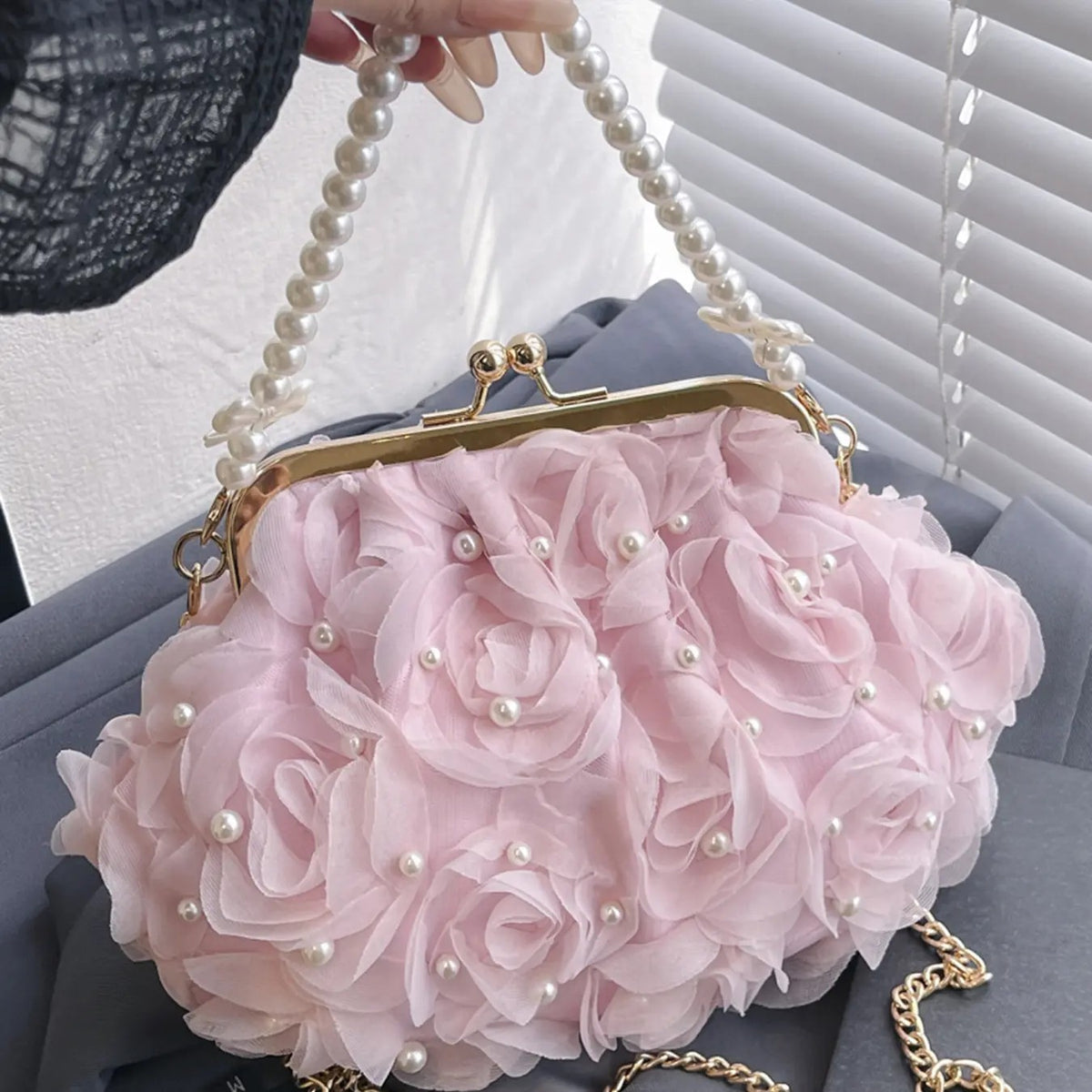 Pearl Floral Rosette Clutch