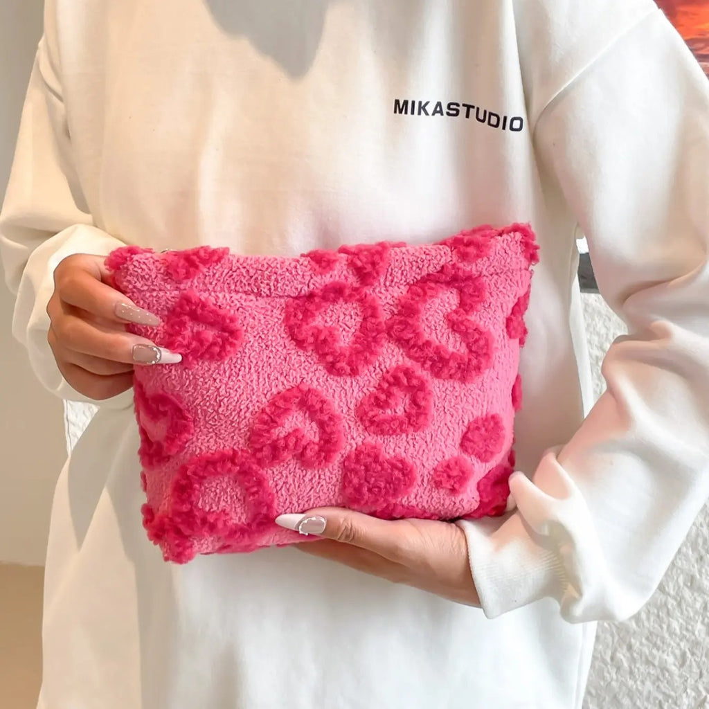 Pink Heart Plush Clutch